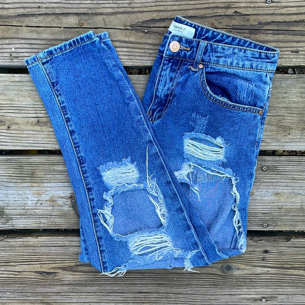 Medium Wash Mid-Rise Destroyed Mom Jeans